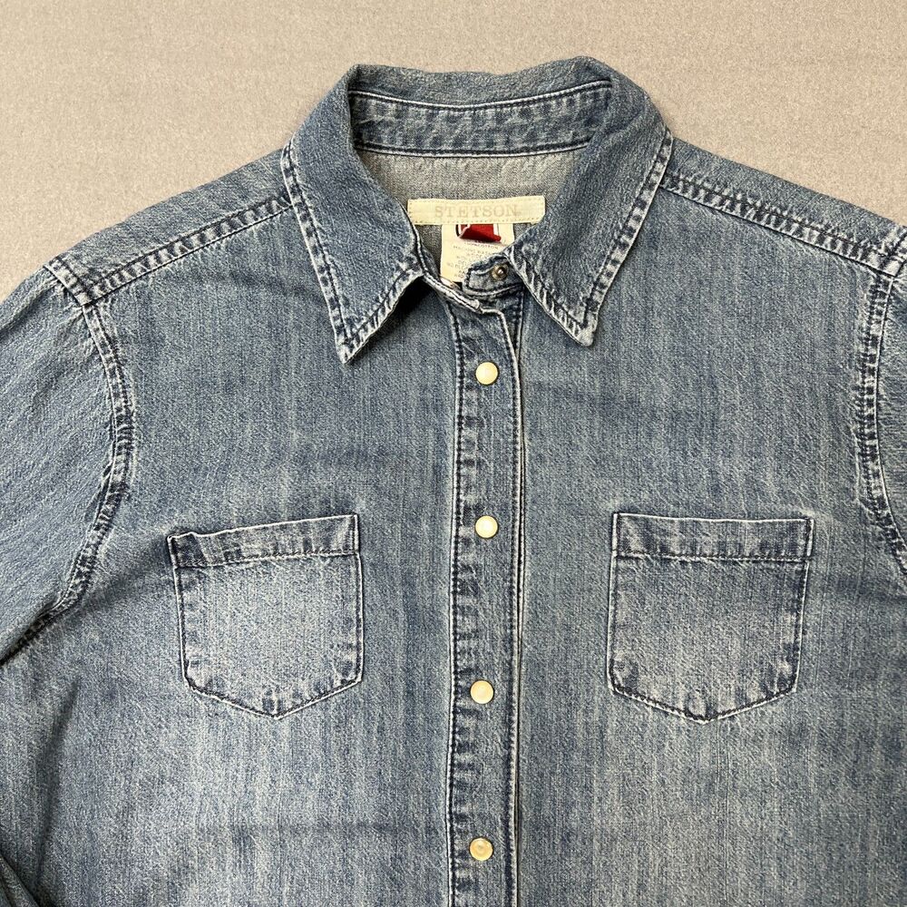 Stetson Denim Shirt Womens Large Blue 100% Cotton Long Sleeve Classic Pearl Snap - Picture 5 of 11